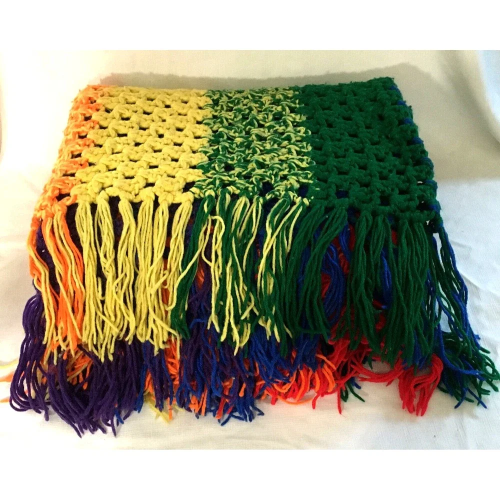 Handmade Crochet Rainbow Afghan Blanket Throw Fringe Edge 54W x 84L